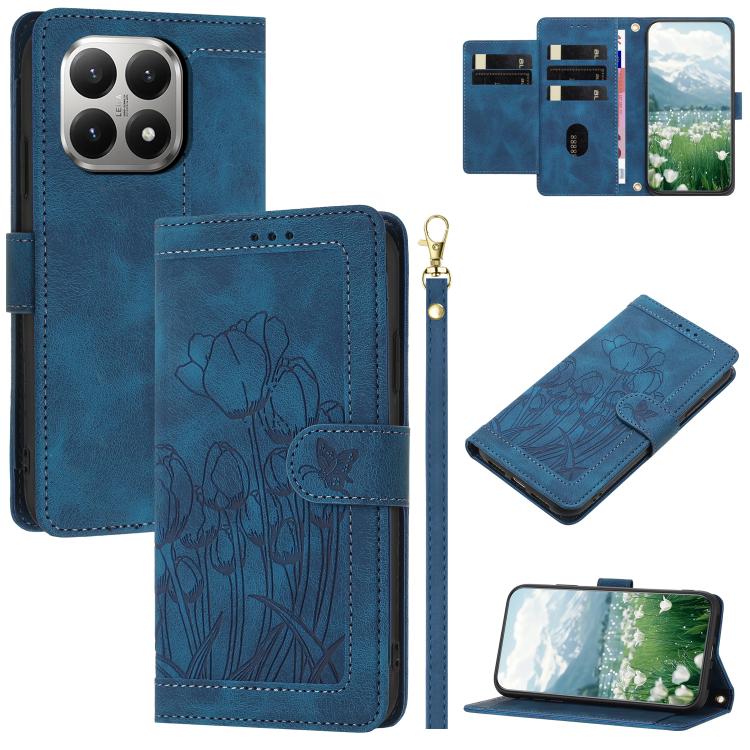 Tulips Embossed Leather Phone Case with Lanyard, For Xiaomi 17T 5G, For Xiaomi 17 Ultra, For Xiaomi 17 Pro Max, For Xiaomi 17 Pro, For Xiaomi 17, For Xiaomi 15T Pro, For Xiaomi 15T, For Xiaomi 15 Pro