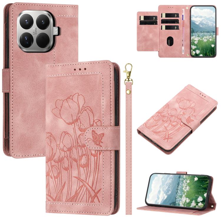 Tulips Embossed Leather Phone Case with Lanyard, For Xiaomi 17T 5G, For Xiaomi 17 Ultra, For Xiaomi 17 Pro Max, For Xiaomi 17 Pro, For Xiaomi 17, For Xiaomi 15T Pro, For Xiaomi 15T, For Xiaomi 15 Pro