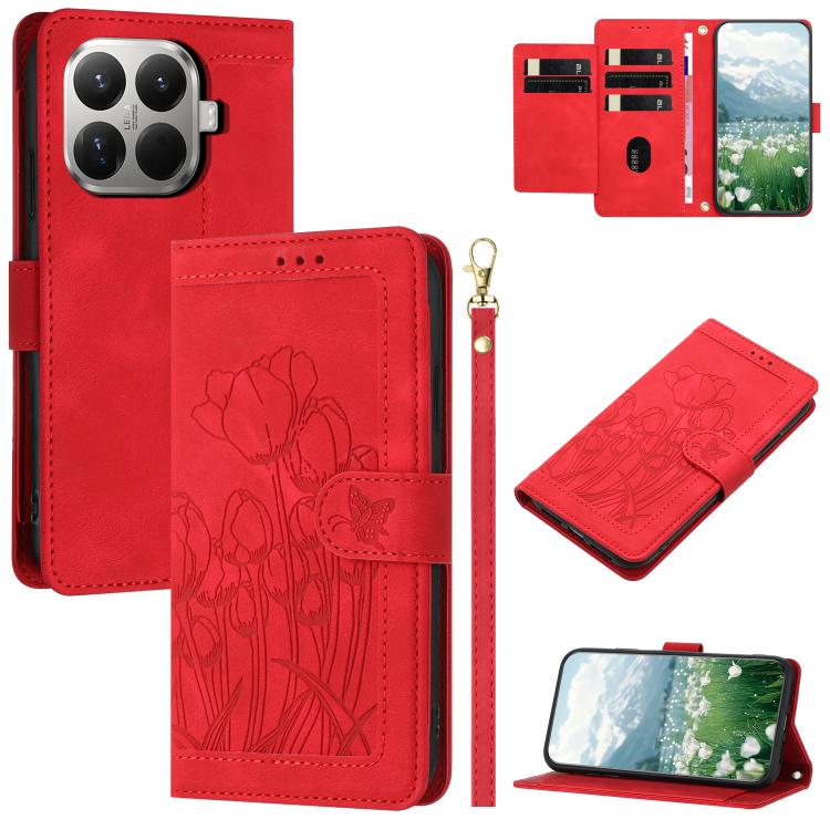 Tulips Embossed Leather Phone Case with Lanyard, For Xiaomi 17T 5G, For Xiaomi 17 Ultra, For Xiaomi 17 Pro Max, For Xiaomi 17 Pro, For Xiaomi 17, For Xiaomi 15T Pro, For Xiaomi 15T, For Xiaomi 15 Pro