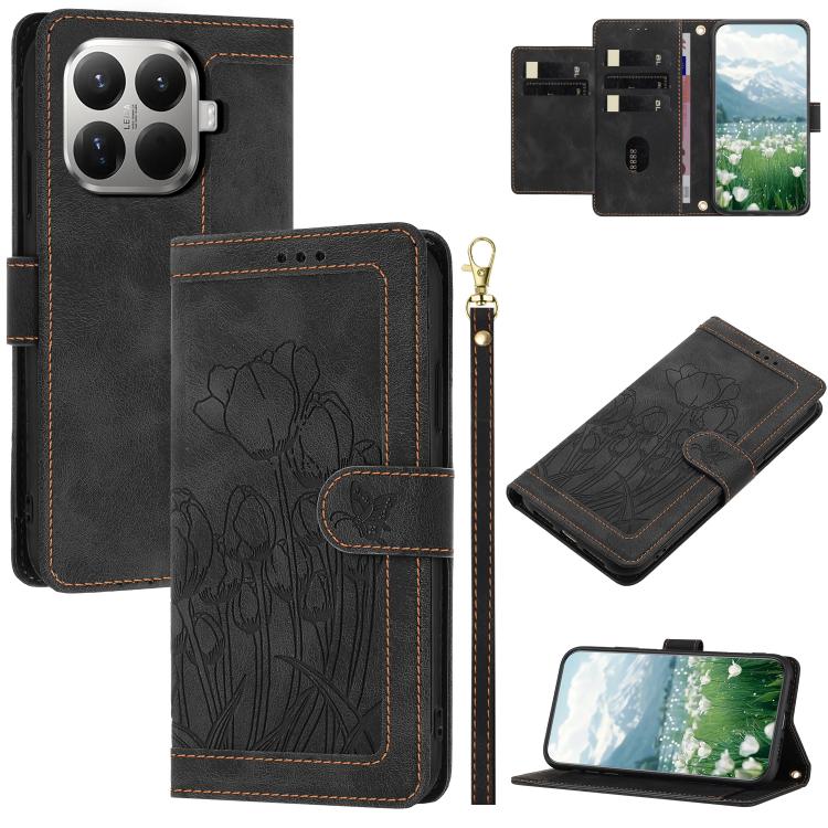 Tulips Embossed Leather Phone Case with Lanyard, For Xiaomi 17T 5G, For Xiaomi 17 Ultra, For Xiaomi 17 Pro Max, For Xiaomi 17 Pro, For Xiaomi 17, For Xiaomi 15T Pro, For Xiaomi 15T, For Xiaomi 15 Pro