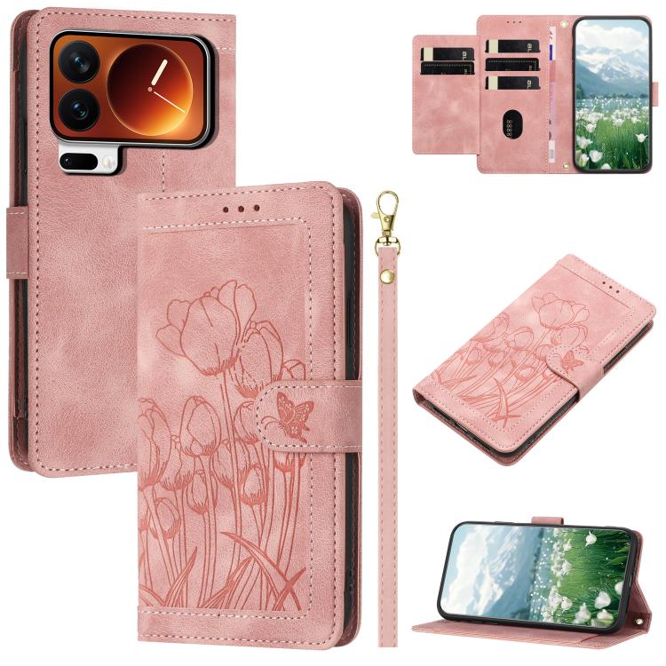 Tulips Embossed Leather Phone Case with Lanyard, For Xiaomi 17T 5G, For Xiaomi 17 Ultra, For Xiaomi 17 Pro Max, For Xiaomi 17 Pro, For Xiaomi 17, For Xiaomi 15T Pro, For Xiaomi 15T, For Xiaomi 15 Pro