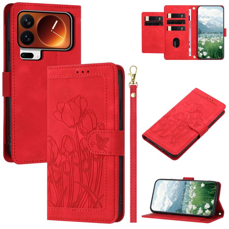 Tulips Embossed Leather Phone Case with Lanyard, For Xiaomi 17T 5G, For Xiaomi 17 Ultra, For Xiaomi 17 Pro Max, For Xiaomi 17 Pro, For Xiaomi 17, For Xiaomi 15T Pro, For Xiaomi 15T, For Xiaomi 15 Pro
