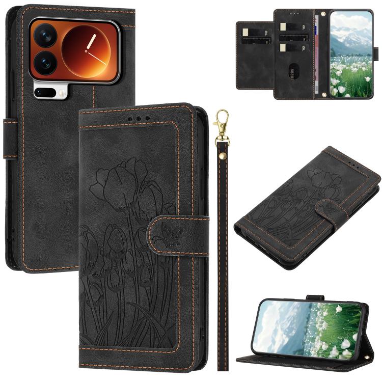 Tulips Embossed Leather Phone Case with Lanyard, For Xiaomi 17T 5G, For Xiaomi 17 Ultra, For Xiaomi 17 Pro Max, For Xiaomi 17 Pro, For Xiaomi 17, For Xiaomi 15T Pro, For Xiaomi 15T, For Xiaomi 15 Pro