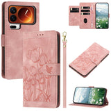Tulips Embossed Leather Phone Case with Lanyard, For Xiaomi 17T 5G, For Xiaomi 17 Ultra, For Xiaomi 17 Pro Max, For Xiaomi 17 Pro, For Xiaomi 17, For Xiaomi 15T Pro, For Xiaomi 15T, For Xiaomi 15 Pro