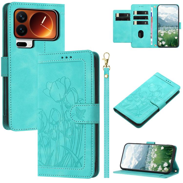 Tulips Embossed Leather Phone Case with Lanyard, For Xiaomi 17T 5G, For Xiaomi 17 Ultra, For Xiaomi 17 Pro Max, For Xiaomi 17 Pro, For Xiaomi 17, For Xiaomi 15T Pro, For Xiaomi 15T, For Xiaomi 15 Pro