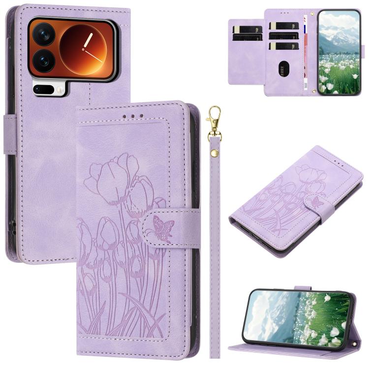 Tulips Embossed Leather Phone Case with Lanyard, For Xiaomi 17T 5G, For Xiaomi 17 Ultra, For Xiaomi 17 Pro Max, For Xiaomi 17 Pro, For Xiaomi 17, For Xiaomi 15T Pro, For Xiaomi 15T, For Xiaomi 15 Pro