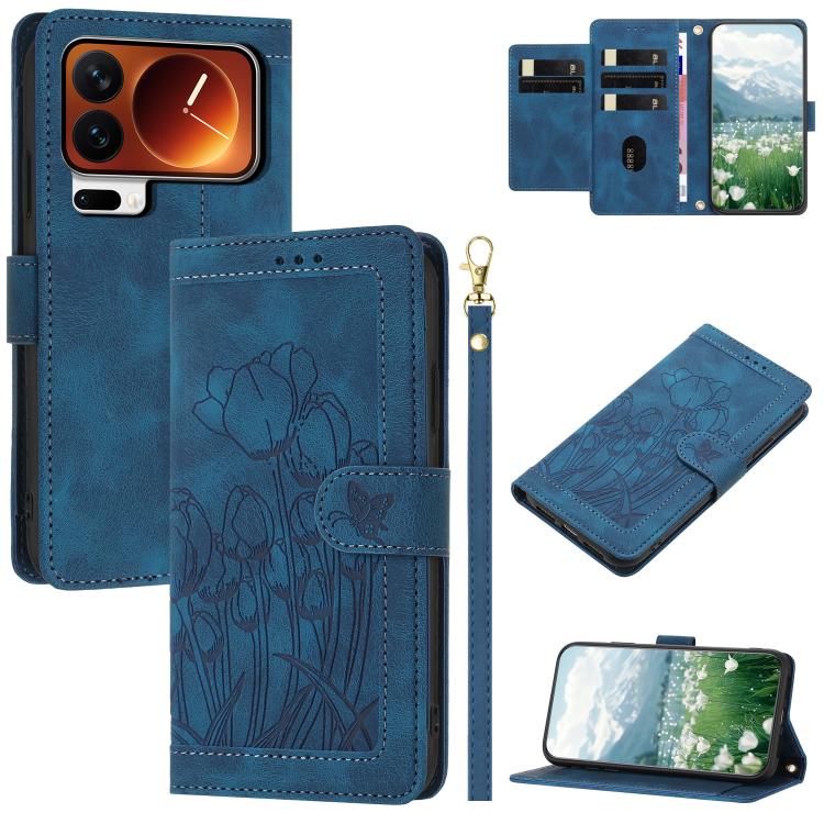 Tulips Embossed Leather Phone Case with Lanyard, For Xiaomi 17T 5G, For Xiaomi 17 Ultra, For Xiaomi 17 Pro Max, For Xiaomi 17 Pro, For Xiaomi 17, For Xiaomi 15T Pro, For Xiaomi 15T, For Xiaomi 15 Pro