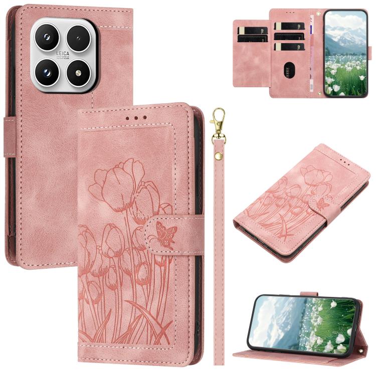 Tulips Embossed Leather Phone Case with Lanyard, For Xiaomi 17T 5G, For Xiaomi 17 Ultra, For Xiaomi 17 Pro Max, For Xiaomi 17 Pro, For Xiaomi 17, For Xiaomi 15T Pro, For Xiaomi 15T, For Xiaomi 15 Pro