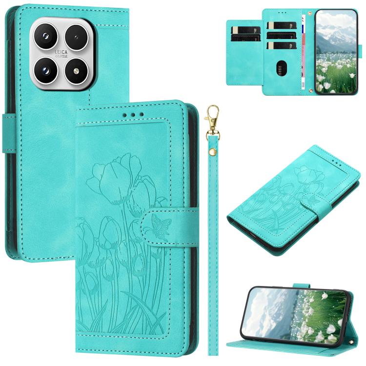 Tulips Embossed Leather Phone Case with Lanyard, For Xiaomi 17T 5G, For Xiaomi 17 Ultra, For Xiaomi 17 Pro Max, For Xiaomi 17 Pro, For Xiaomi 17, For Xiaomi 15T Pro, For Xiaomi 15T, For Xiaomi 15 Pro