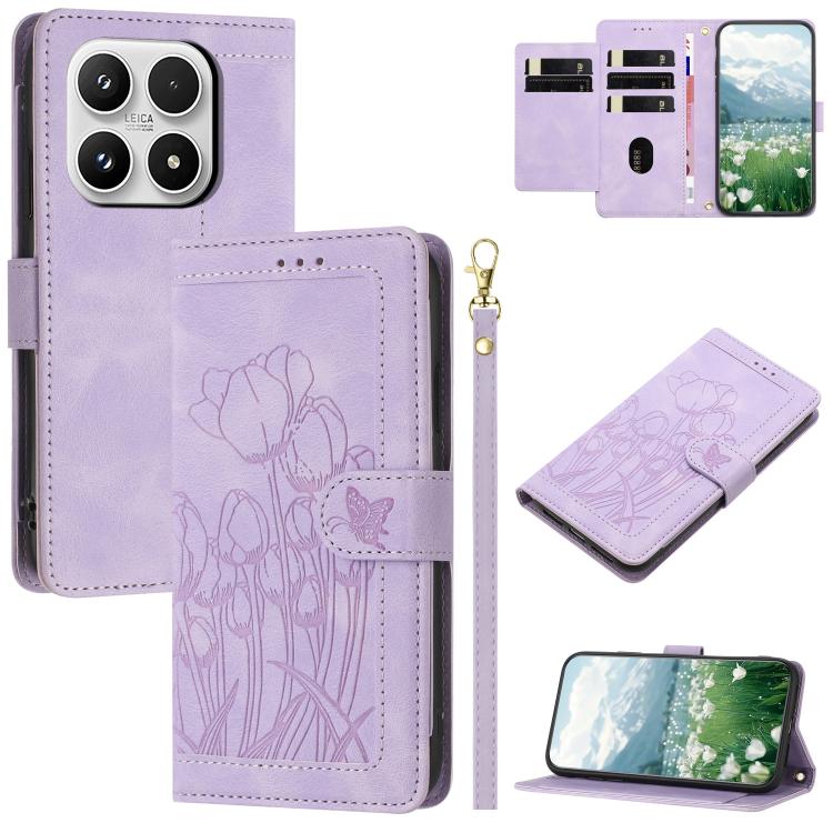 Tulips Embossed Leather Phone Case with Lanyard, For Xiaomi 17T 5G, For Xiaomi 17 Ultra, For Xiaomi 17 Pro Max, For Xiaomi 17 Pro, For Xiaomi 17, For Xiaomi 15T Pro, For Xiaomi 15T, For Xiaomi 15 Pro