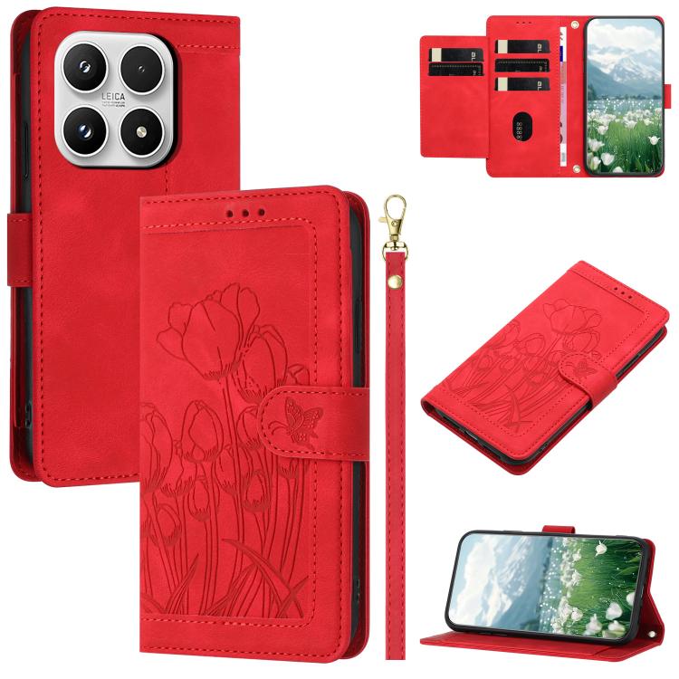 Tulips Embossed Leather Phone Case with Lanyard, For Xiaomi 17T 5G, For Xiaomi 17 Ultra, For Xiaomi 17 Pro Max, For Xiaomi 17 Pro, For Xiaomi 17, For Xiaomi 15T Pro, For Xiaomi 15T, For Xiaomi 15 Pro