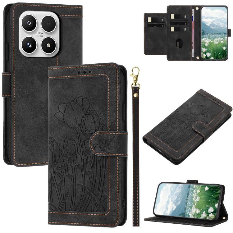 Tulips Embossed Leather Phone Case with Lanyard, For Xiaomi 17T 5G, For Xiaomi 17 Ultra, For Xiaomi 17 Pro Max, For Xiaomi 17 Pro, For Xiaomi 17, For Xiaomi 15T Pro, For Xiaomi 15T, For Xiaomi 15 Pro