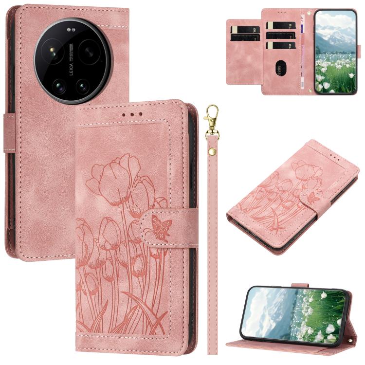 Tulips Embossed Leather Phone Case with Lanyard, For Xiaomi 17T 5G, For Xiaomi 17 Ultra, For Xiaomi 17 Pro Max, For Xiaomi 17 Pro, For Xiaomi 17, For Xiaomi 15T Pro, For Xiaomi 15T, For Xiaomi 15 Pro