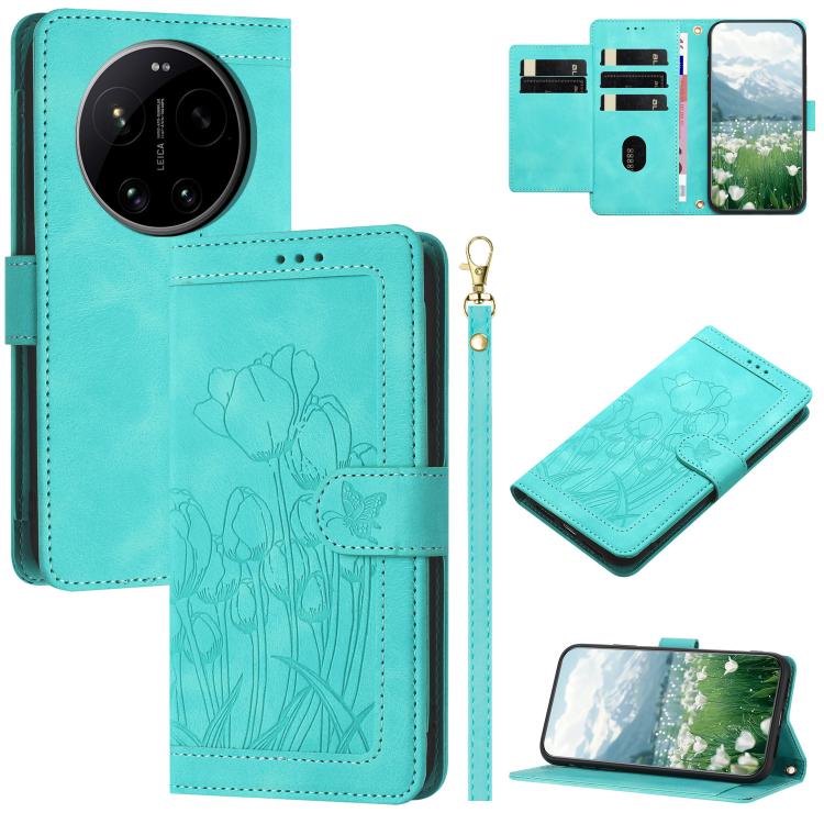 Tulips Embossed Leather Phone Case with Lanyard, For Xiaomi 17T 5G, For Xiaomi 17 Ultra, For Xiaomi 17 Pro Max, For Xiaomi 17 Pro, For Xiaomi 17, For Xiaomi 15T Pro, For Xiaomi 15T, For Xiaomi 15 Pro