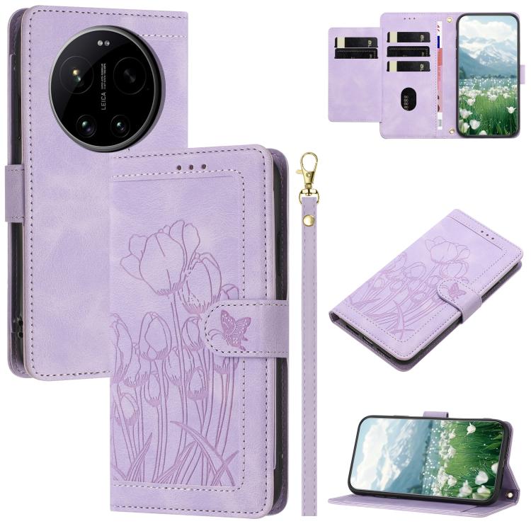 Tulips Embossed Leather Phone Case with Lanyard, For Xiaomi 17T 5G, For Xiaomi 17 Ultra, For Xiaomi 17 Pro Max, For Xiaomi 17 Pro, For Xiaomi 17, For Xiaomi 15T Pro, For Xiaomi 15T, For Xiaomi 15 Pro