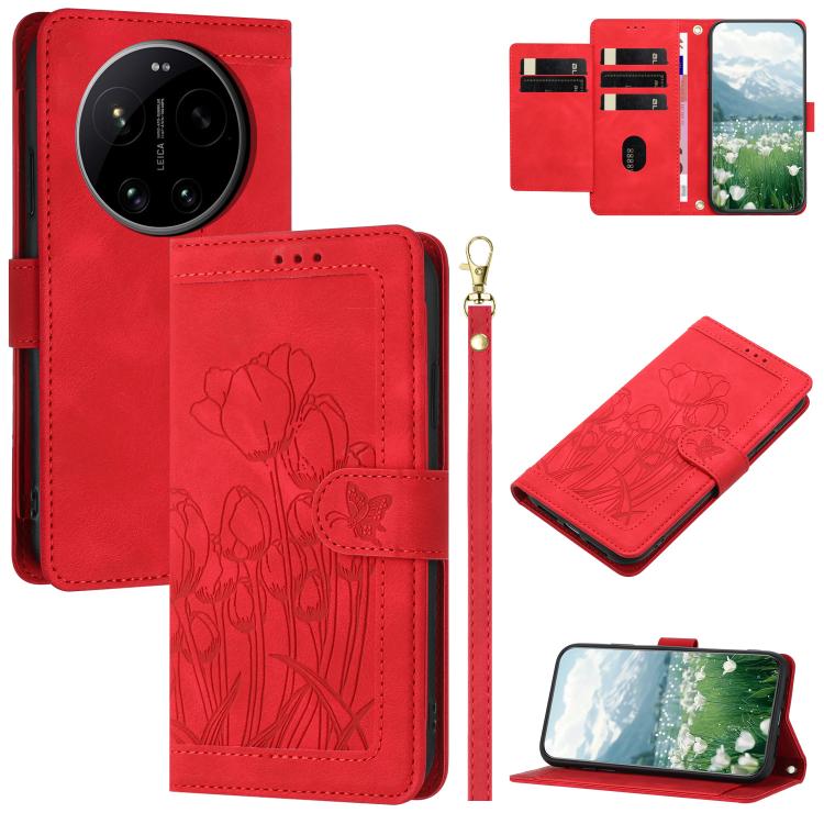 Tulips Embossed Leather Phone Case with Lanyard, For Xiaomi 17T 5G, For Xiaomi 17 Ultra, For Xiaomi 17 Pro Max, For Xiaomi 17 Pro, For Xiaomi 17, For Xiaomi 15T Pro, For Xiaomi 15T, For Xiaomi 15 Pro