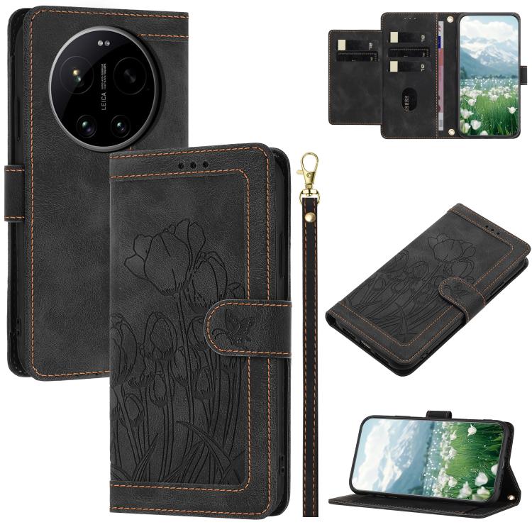 Tulips Embossed Leather Phone Case with Lanyard, For Xiaomi 17T 5G, For Xiaomi 17 Ultra, For Xiaomi 17 Pro Max, For Xiaomi 17 Pro, For Xiaomi 17, For Xiaomi 15T Pro, For Xiaomi 15T, For Xiaomi 15 Pro
