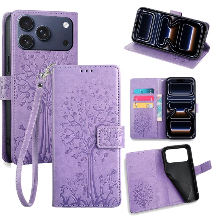 Tree & Deer Embossed Leather Phone Case, For iPhone 17e / 16e, For iPhone 17 Pro Max, For iPhone 17 Pro, For iPhone 17, For iPhone Air
