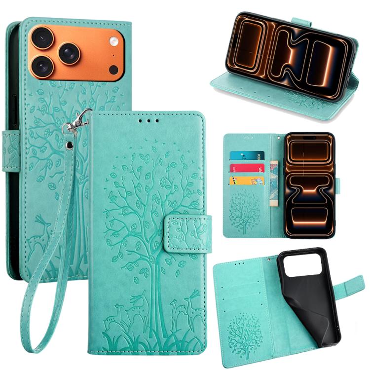 Tree & Deer Embossed Leather Phone Case, For iPhone 17e / 16e, For iPhone 17 Pro Max, For iPhone 17 Pro, For iPhone 17, For iPhone Air