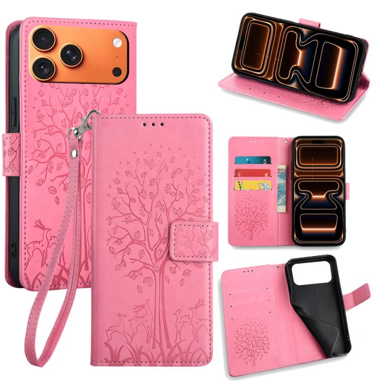 Tree & Deer Embossed Leather Phone Case, For iPhone 17e / 16e, For iPhone 17 Pro Max, For iPhone 17 Pro, For iPhone 17, For iPhone Air