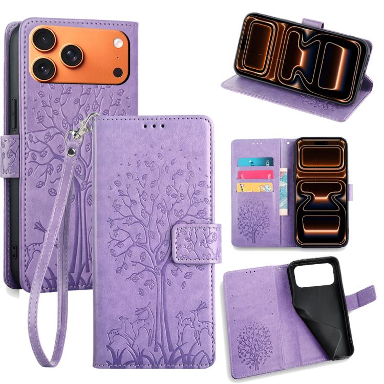 Tree & Deer Embossed Leather Phone Case, For iPhone 17e / 16e, For iPhone 17 Pro Max, For iPhone 17 Pro, For iPhone 17, For iPhone Air