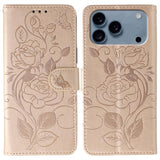 Rose Butterfly Embossed Leather Phone Case, For iPhone 17e / 16e, For iPhone 17 Pro Max, For iPhone 17 Pro, For iPhone 17, For iPhone Air