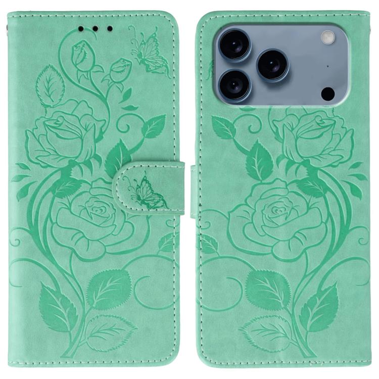 Rose Butterfly Embossed Leather Phone Case, For iPhone 17e / 16e, For iPhone 17 Pro Max, For iPhone 17 Pro, For iPhone 17, For iPhone Air