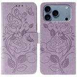 Rose Butterfly Embossed Leather Phone Case, For iPhone 17e / 16e, For iPhone 17 Pro Max, For iPhone 17 Pro, For iPhone 17, For iPhone Air