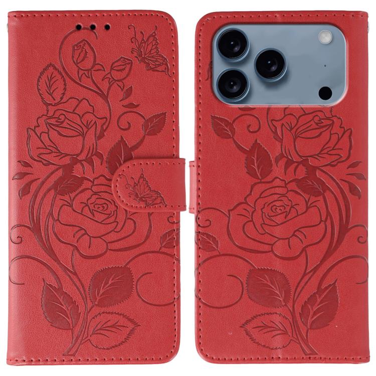 Rose Butterfly Embossed Leather Phone Case, For iPhone 17e / 16e, For iPhone 17 Pro Max, For iPhone 17 Pro, For iPhone 17, For iPhone Air