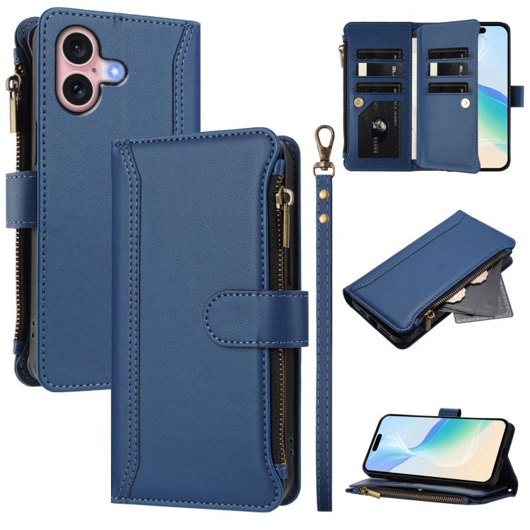 Magnetic Closure 9 Card Slots Zipper Leather Case with Hand Strap, For iPhone 16, For iPhone 15 Pro Max, For iPhone 15 Pro, For iPhone 15 Plus, For iPhone 15, For iPhone 14 Plus, For iPhone 14 / 13, For iPhone 14 Pro