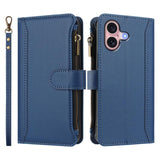 Magnetic Closure 9 Card Slots Zipper Leather Case with Hand Strap, For iPhone 16, For iPhone 15 Pro Max, For iPhone 15 Pro, For iPhone 15 Plus, For iPhone 15, For iPhone 14 Plus, For iPhone 14 / 13, For iPhone 14 Pro