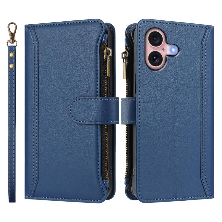 Magnetic Closure 9 Card Slots Zipper Leather Case with Hand Strap, For iPhone 16, For iPhone 15 Pro Max, For iPhone 15 Pro, For iPhone 15 Plus, For iPhone 15, For iPhone 14 Plus, For iPhone 14 / 13, For iPhone 14 Pro