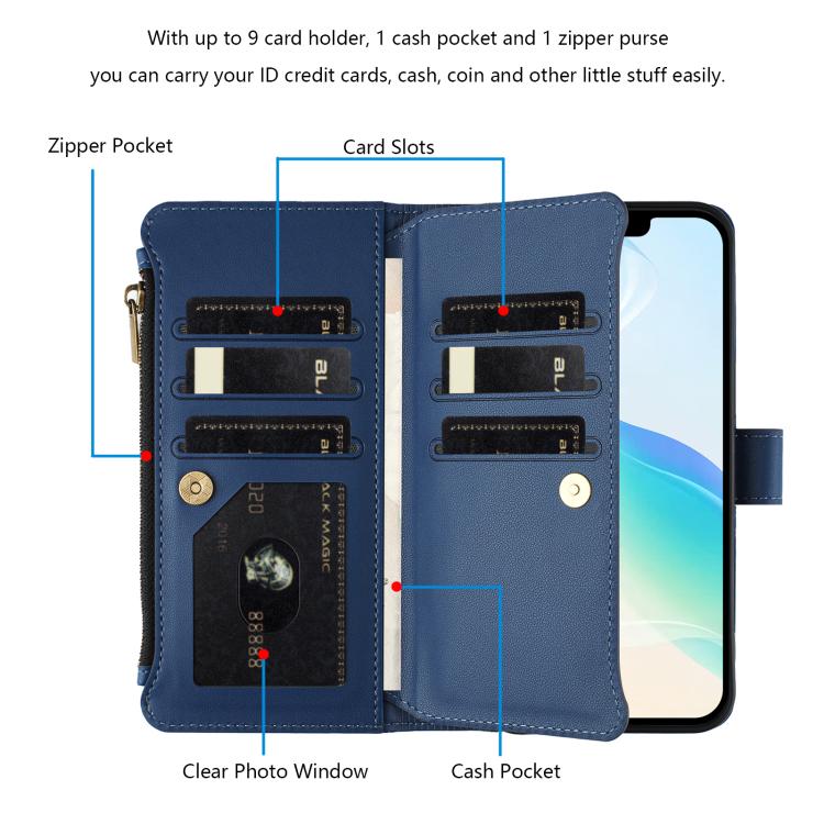 Magnetic Closure 9 Card Slots Zipper Leather Case with Hand Strap, For iPhone 16, For iPhone 15 Pro Max, For iPhone 15 Pro, For iPhone 15 Plus, For iPhone 15, For iPhone 14 Plus, For iPhone 14 / 13, For iPhone 14 Pro