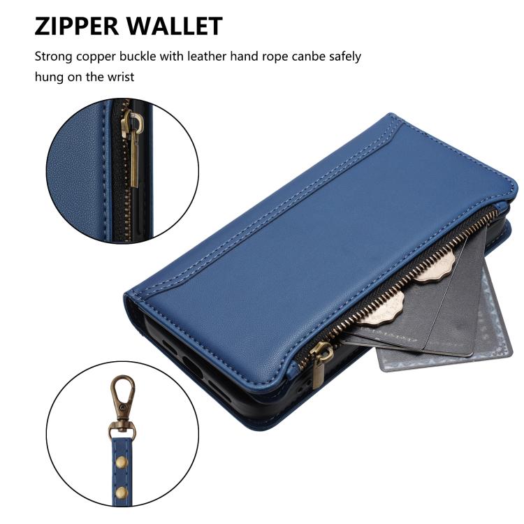 Magnetic Closure 9 Card Slots Zipper Leather Case with Hand Strap, For iPhone 16, For iPhone 15 Pro Max, For iPhone 15 Pro, For iPhone 15 Plus, For iPhone 15, For iPhone 14 Plus, For iPhone 14 / 13, For iPhone 14 Pro