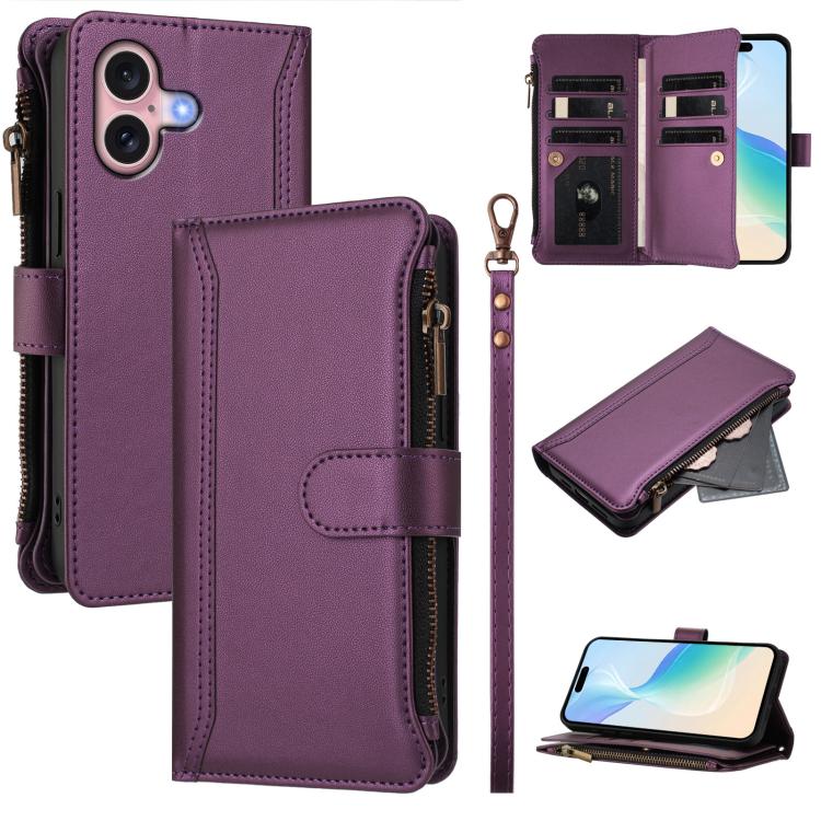Magnetic Closure 9 Card Slots Zipper Leather Case with Hand Strap, For iPhone 16, For iPhone 15 Pro Max, For iPhone 15 Pro, For iPhone 15 Plus, For iPhone 15, For iPhone 14 Plus, For iPhone 14 / 13, For iPhone 14 Pro
