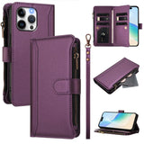 Magnetic Closure 9 Card Slots Zipper Leather Case with Hand Strap, For iPhone 16, For iPhone 15 Pro Max, For iPhone 15 Pro, For iPhone 15 Plus, For iPhone 15, For iPhone 14 Plus, For iPhone 14 / 13, For iPhone 14 Pro
