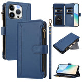 Magnetic Closure 9 Card Slots Zipper Leather Case with Hand Strap, For iPhone 16, For iPhone 15 Pro Max, For iPhone 15 Pro, For iPhone 15 Plus, For iPhone 15, For iPhone 14 Plus, For iPhone 14 / 13, For iPhone 14 Pro
