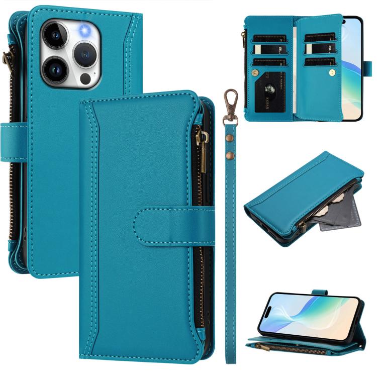 Magnetic Closure 9 Card Slots Zipper Leather Case with Hand Strap, For iPhone 16, For iPhone 15 Pro Max, For iPhone 15 Pro, For iPhone 15 Plus, For iPhone 15, For iPhone 14 Plus, For iPhone 14 / 13, For iPhone 14 Pro