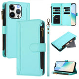 Magnetic Closure 9 Card Slots Zipper Leather Case with Hand Strap, For iPhone 16, For iPhone 15 Pro Max, For iPhone 15 Pro, For iPhone 15 Plus, For iPhone 15, For iPhone 14 Plus, For iPhone 14 / 13, For iPhone 14 Pro