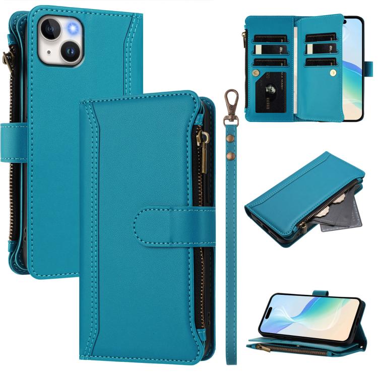 Magnetic Closure 9 Card Slots Zipper Leather Case with Hand Strap, For iPhone 16, For iPhone 15 Pro Max, For iPhone 15 Pro, For iPhone 15 Plus, For iPhone 15, For iPhone 14 Plus, For iPhone 14 / 13, For iPhone 14 Pro