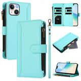 Magnetic Closure 9 Card Slots Zipper Leather Case with Hand Strap, For iPhone 16, For iPhone 15 Pro Max, For iPhone 15 Pro, For iPhone 15 Plus, For iPhone 15, For iPhone 14 Plus, For iPhone 14 / 13, For iPhone 14 Pro