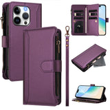 Magnetic Closure 9 Card Slots Zipper Leather Case with Hand Strap, For iPhone 16, For iPhone 15 Pro Max, For iPhone 15 Pro, For iPhone 15 Plus, For iPhone 15, For iPhone 14 Plus, For iPhone 14 / 13, For iPhone 14 Pro