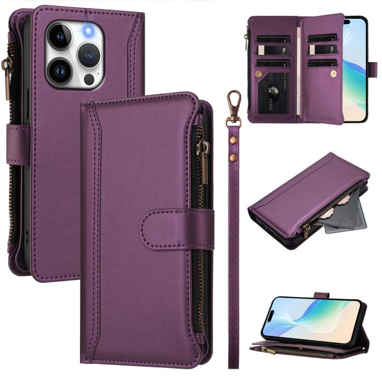 Magnetic Closure 9 Card Slots Zipper Leather Case with Hand Strap, For iPhone 16, For iPhone 15 Pro Max, For iPhone 15 Pro, For iPhone 15 Plus, For iPhone 15, For iPhone 14 Plus, For iPhone 14 / 13, For iPhone 14 Pro