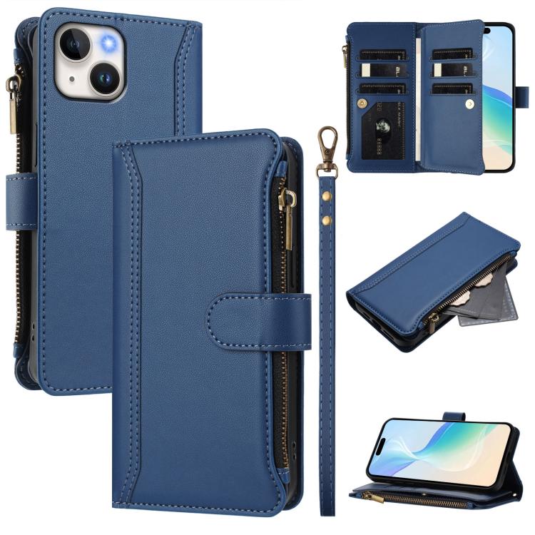 Magnetic Closure 9 Card Slots Zipper Leather Case with Hand Strap, For iPhone 16, For iPhone 15 Pro Max, For iPhone 15 Pro, For iPhone 15 Plus, For iPhone 15, For iPhone 14 Plus, For iPhone 14 / 13, For iPhone 14 Pro