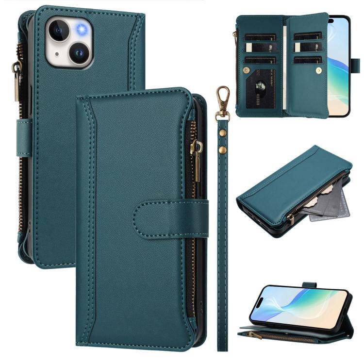 Magnetic Closure 9 Card Slots Zipper Leather Case with Hand Strap, For iPhone 16, For iPhone 15 Pro Max, For iPhone 15 Pro, For iPhone 15 Plus, For iPhone 15, For iPhone 14 Plus, For iPhone 14 / 13, For iPhone 14 Pro