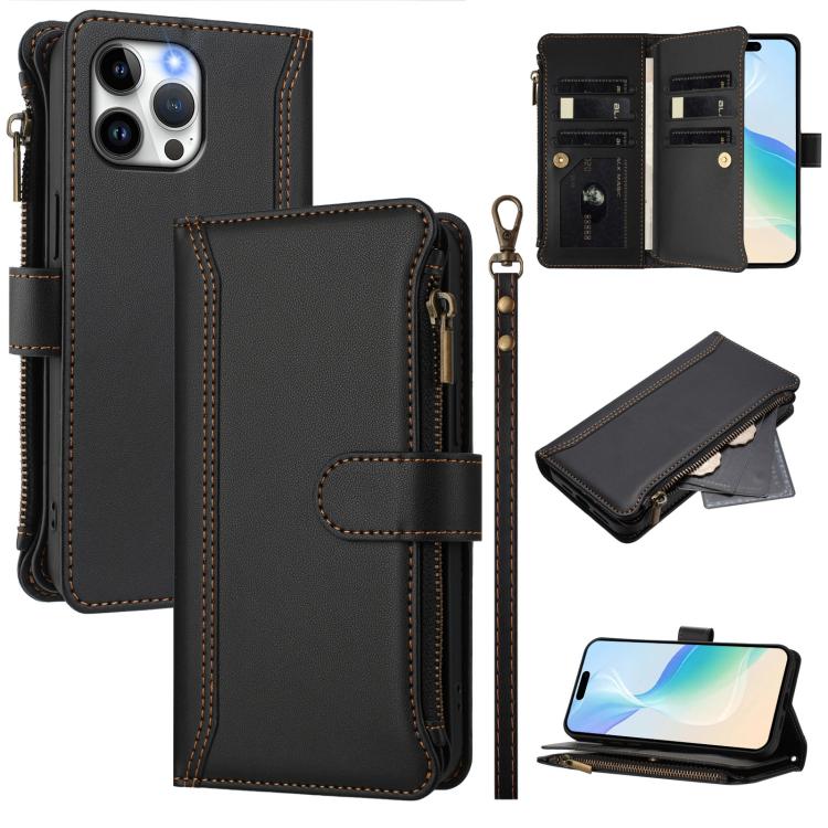Magnetic Closure 9 Card Slots Zipper Leather Case with Hand Strap, For iPhone 14 Pro Max, For iPhone SE 2022 / 2020 / 8 / 7, For iPhone 13 Pro Max, For iPhone 13 Pro, For iPhone 13 mini, For iPhone 12 / 12 Pro, For iPhone 12 Pro Max, For iPhone 12 mini
