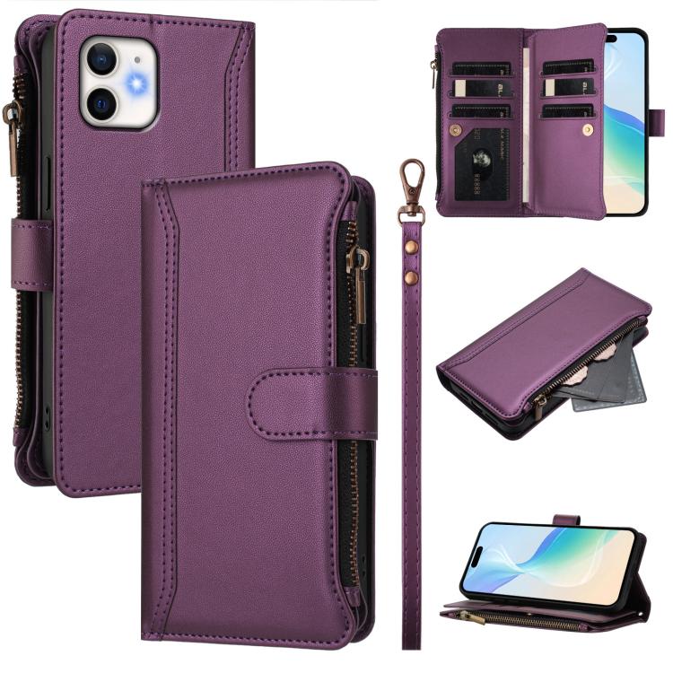 Magnetic Closure 9 Card Slots Zipper Leather Case with Hand Strap, For iPhone 14 Pro Max, For iPhone SE 2022 / 2020 / 8 / 7, For iPhone 13 Pro Max, For iPhone 13 Pro, For iPhone 13 mini, For iPhone 12 / 12 Pro, For iPhone 12 Pro Max, For iPhone 12 mini