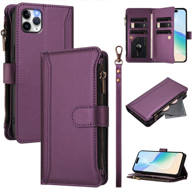 Magnetic Closure 9 Card Slots Zipper Leather Case with Hand Strap, For iPhone 11 Pro Max, For iPhone 11, For iPhone 11 Pro, For iPhone XS / X, For iPhone XR, For iPhone XS Max, For iPhone 8 Plus / 7 Plus