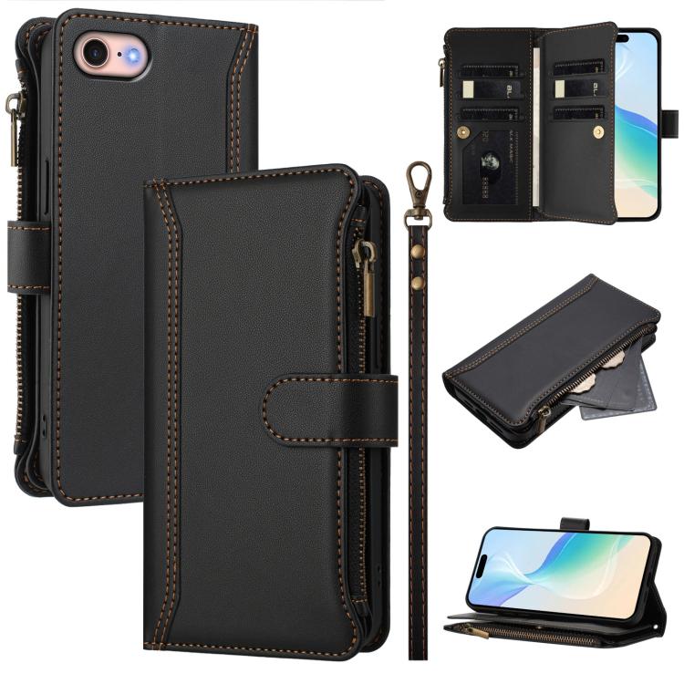 Magnetic Closure 9 Card Slots Zipper Leather Case with Hand Strap, For iPhone 14 Pro Max, For iPhone SE 2022 / 2020 / 8 / 7, For iPhone 13 Pro Max, For iPhone 13 Pro, For iPhone 13 mini, For iPhone 12 / 12 Pro, For iPhone 12 Pro Max, For iPhone 12 mini