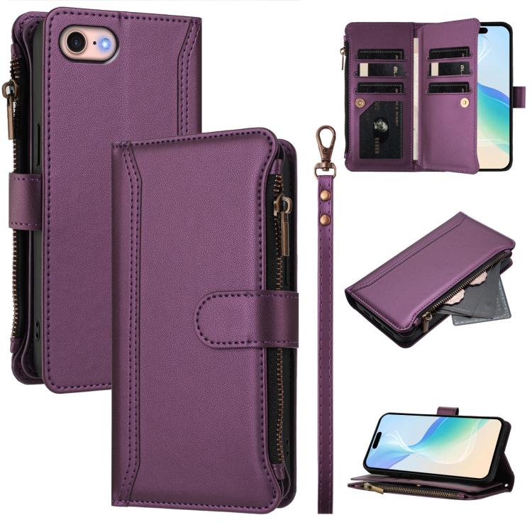 Magnetic Closure 9 Card Slots Zipper Leather Case with Hand Strap, For iPhone 14 Pro Max, For iPhone SE 2022 / 2020 / 8 / 7, For iPhone 13 Pro Max, For iPhone 13 Pro, For iPhone 13 mini, For iPhone 12 / 12 Pro, For iPhone 12 Pro Max, For iPhone 12 mini